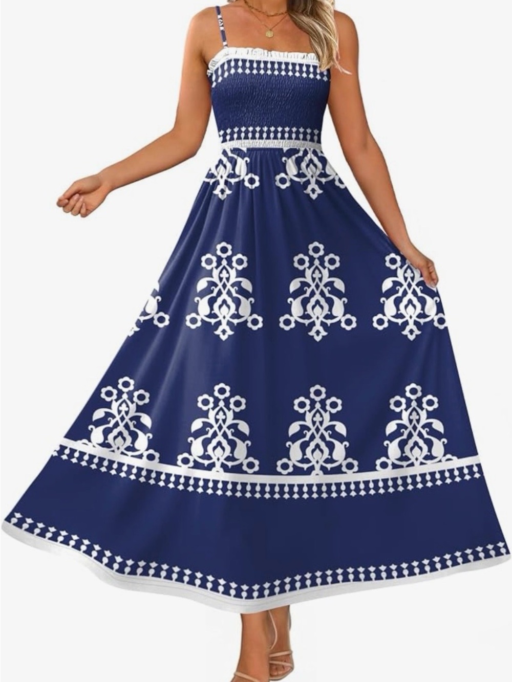 Women’s Blue and White Summer Midi Dress - Size M